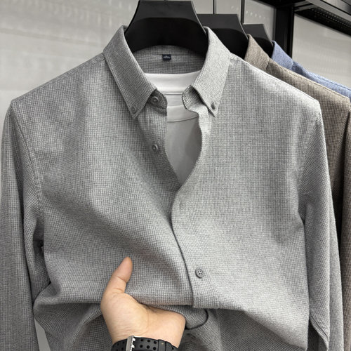 秋冬季新款100纯棉磨毛衬衫加厚款男士长袖格子商务休闲中年衬衣