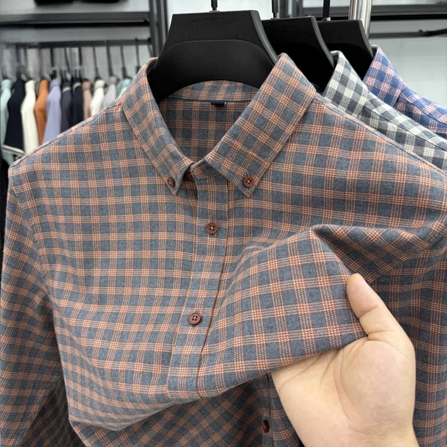 春秋新款100%纯棉格子长袖衬衫男士中年商务休闲磨毛衬衣男装潮