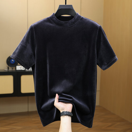 金丝绒纯色半高领打底衫男秋冬内搭衣服2024新款中领男士短袖t恤