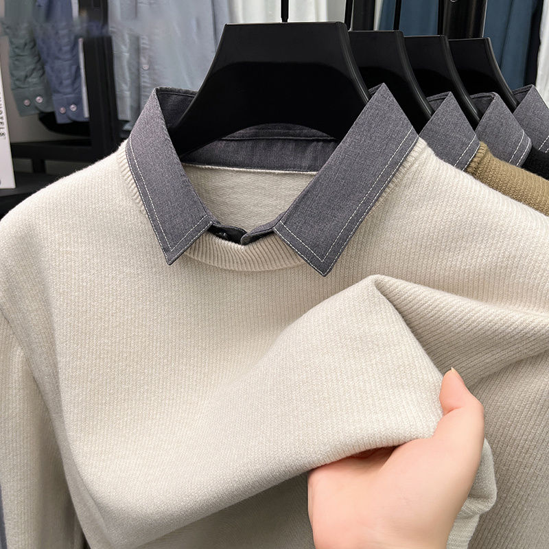 高端衬衫领毛衣男秋冬季内搭保暖加厚假两件打底衫休闲潮流针织衫