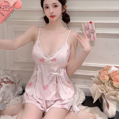 冰丝蕾丝吊带短裤睡衣套装带胸垫