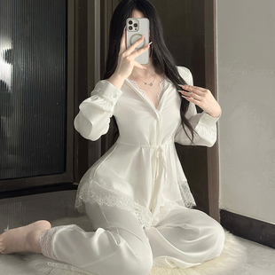 家居服套装 2025新款 长裤 领冰丝缎面睡衣女高级感蕾丝长袖 性感衬衫