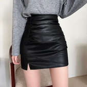 高腰紧身pu皮褶皱开叉一步裙女 半身裙2022韩版 黑色小皮裙秋季 新款