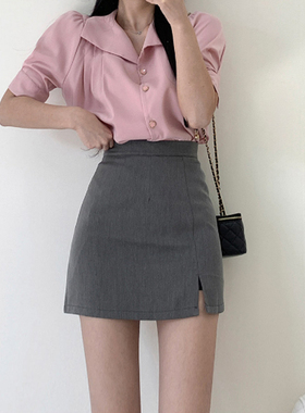 灰色西装短裙春夏女半身裙新款高腰包臀百搭ol职业显瘦开叉一步裙