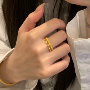 【且听风铃】S925纯银18K金色蕾丝流苏金珠异域风垂坠戒指