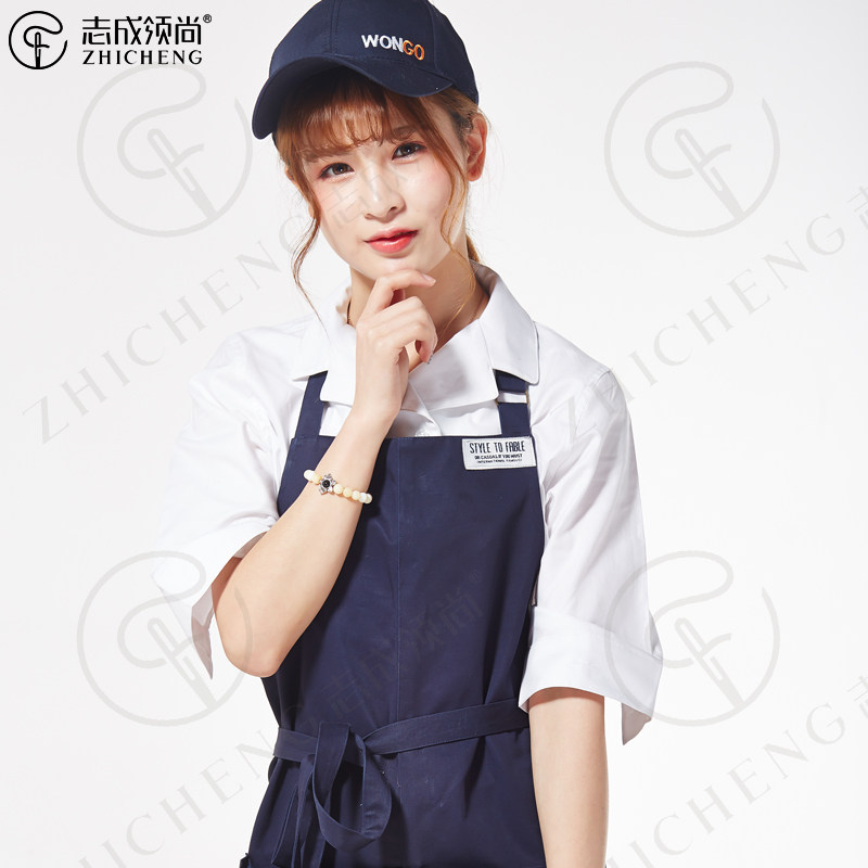 女春夏韩版中袖衬衣长围裙套装太阳帽咖啡烘焙服务员导购员工服装