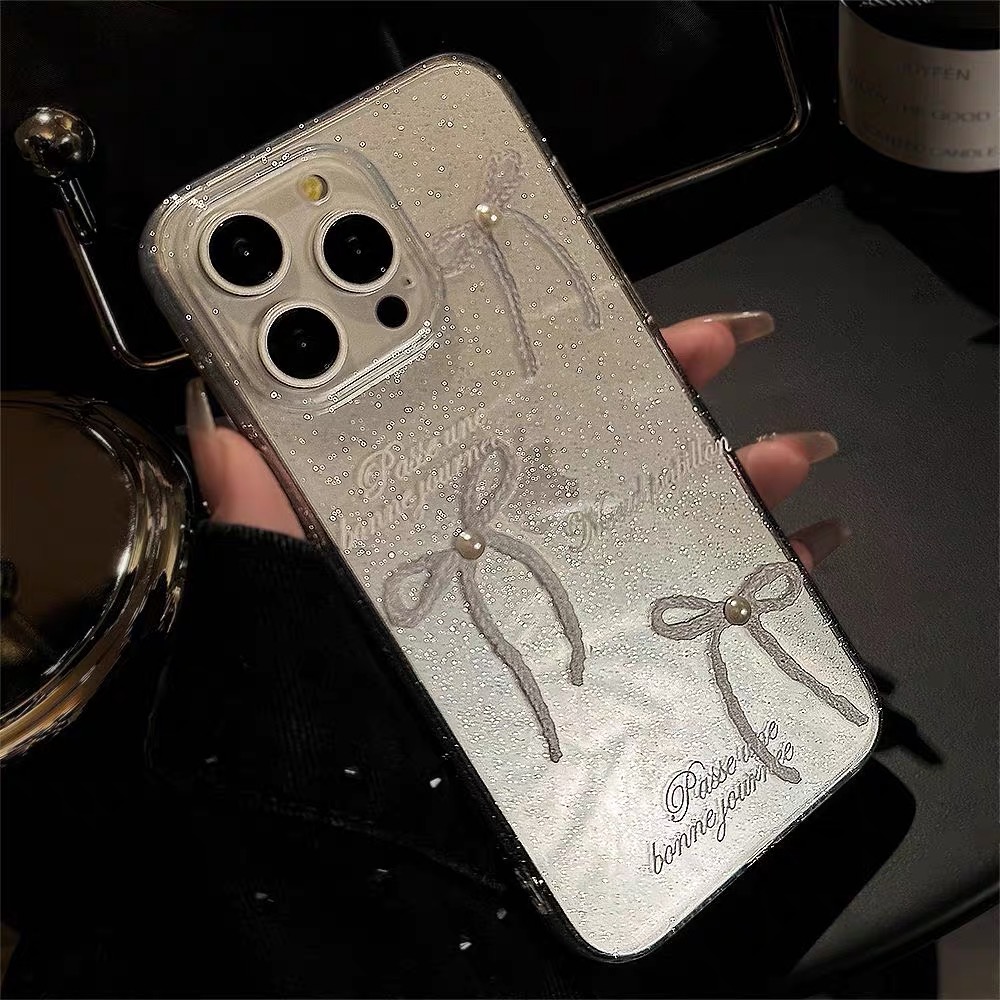 日韩高级感简约闪粉适用16苹果iphone15手机壳ins珍珠蝴蝶结14pro透明创意13promax小众12PM甜美少女11