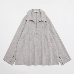 浅麻灰色半开襟V翻领衣袖 纽扣开合天丝亚麻棉混纺松弛随性衬衫