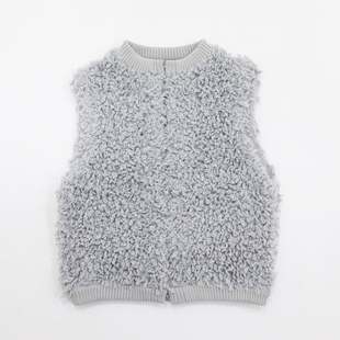 暖灰色圆领挂扣设计fluffy圈圈毛25秋冬开襟式 舒适休闲保暖马甲