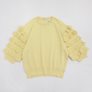 饰宽松版 多层次花边装 型温婉气质针织上衣 衣袖 鹅黄色圆领灯笼袖