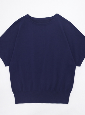 藏蓝色经典圆领落肩设计精细做工触感舒适微弹24夏季简约透气短袖