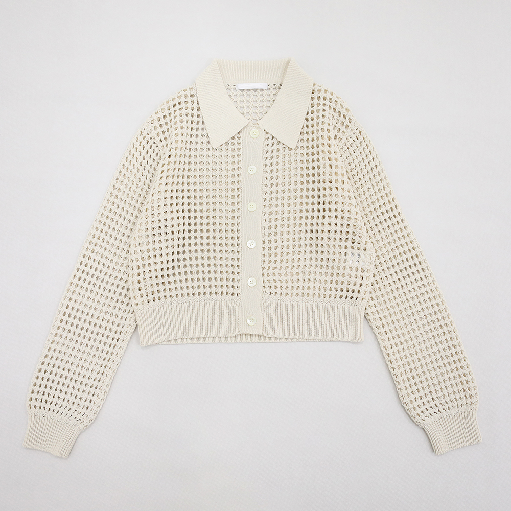 单排扣弹力方形镂空编织宽松上衣