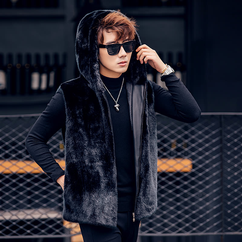貂皮外套秋冬韩版仿水貂毛马甲男士貂绒坎肩皮草连帽情侣貂绒马夹