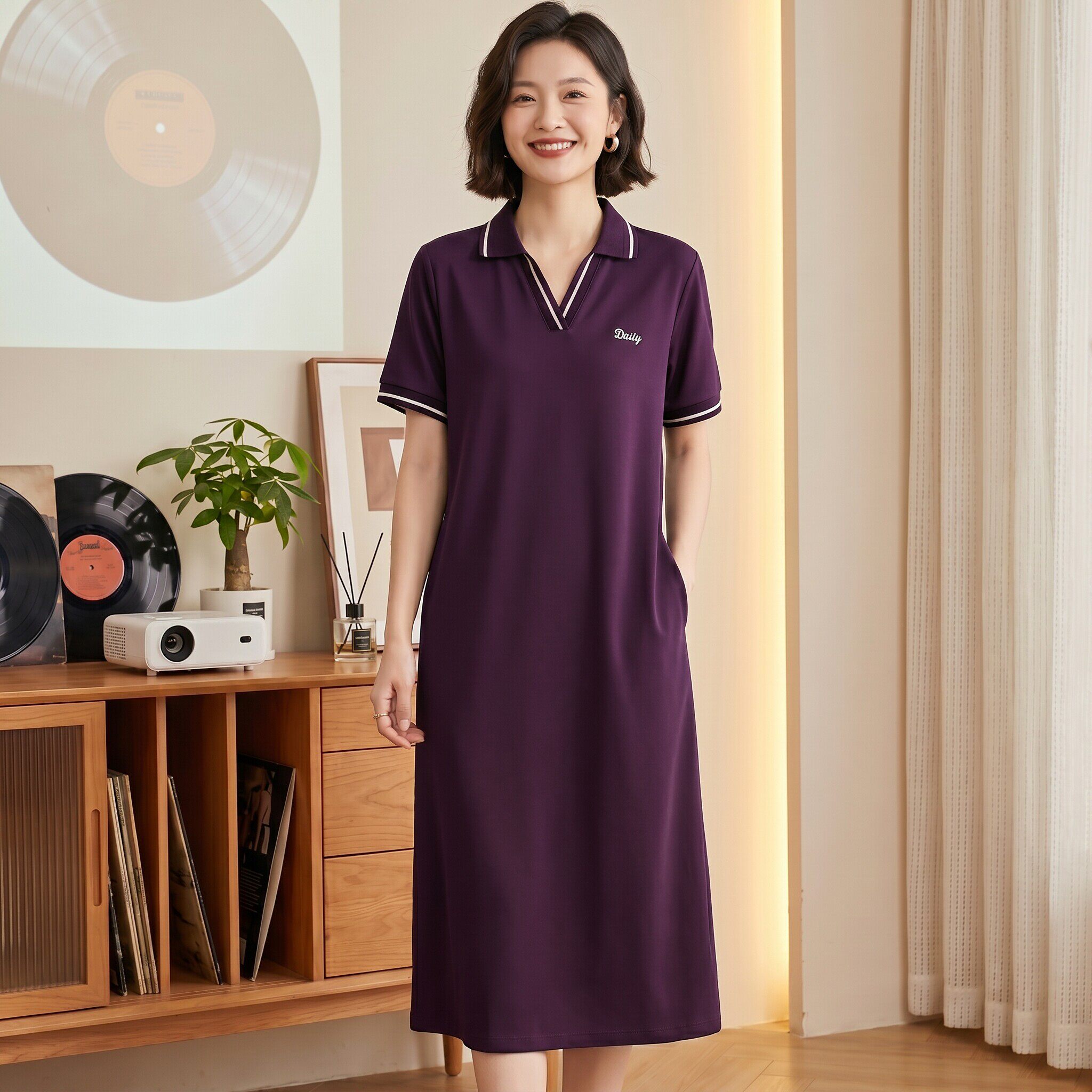 紫色短袖连衣裙女夏季2026新款时尚洋气妈妈胖mm宽松显瘦中长裙子