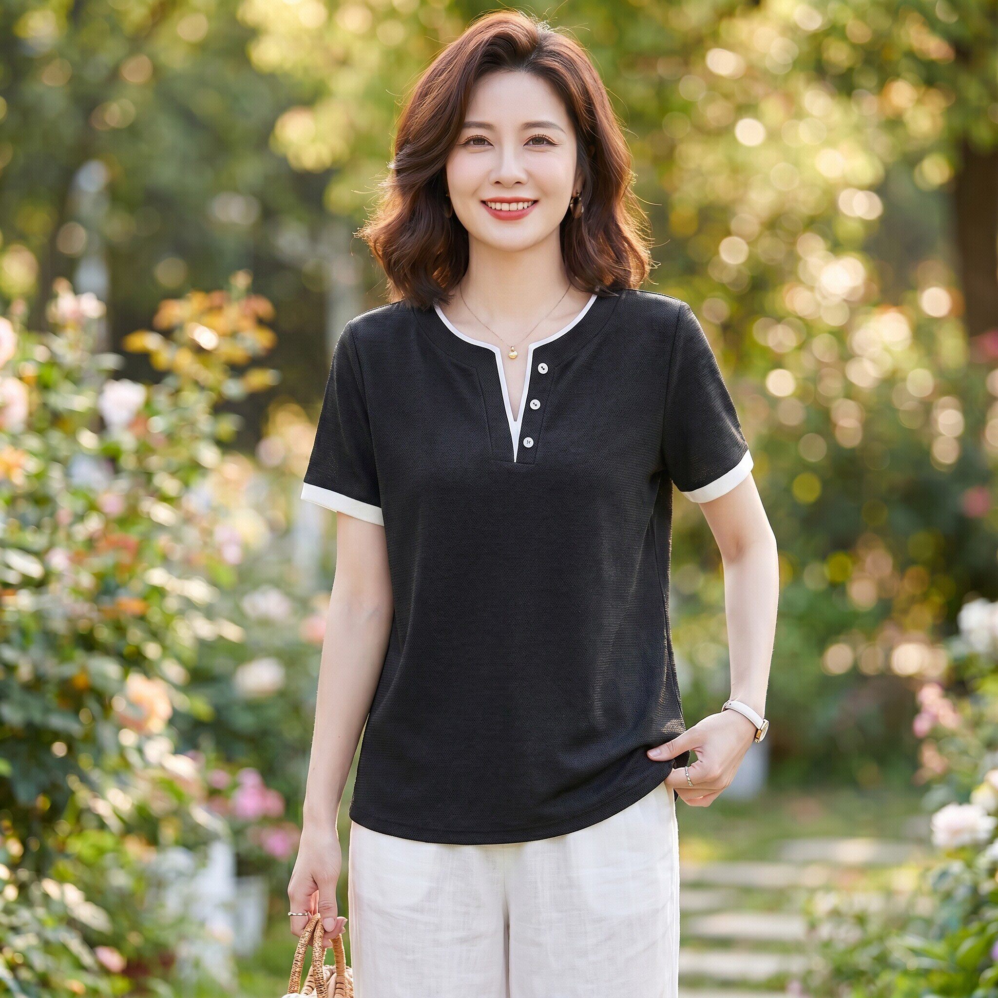撞色v领短袖t恤女夏季新款洋气妈妈体恤衫大码胖mm宽松百搭上衣服