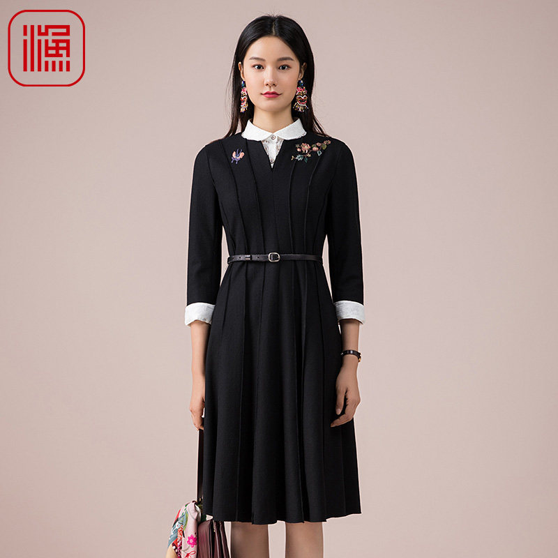 FISHING女装连衣裙秋季冬新款百搭针织毛呢修身长裙FGED0037
