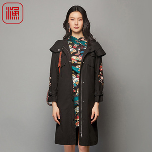 撞色连帽绣花过膝休闲长款 新款 外套FGFC3011 风衣女款 渔牌女装