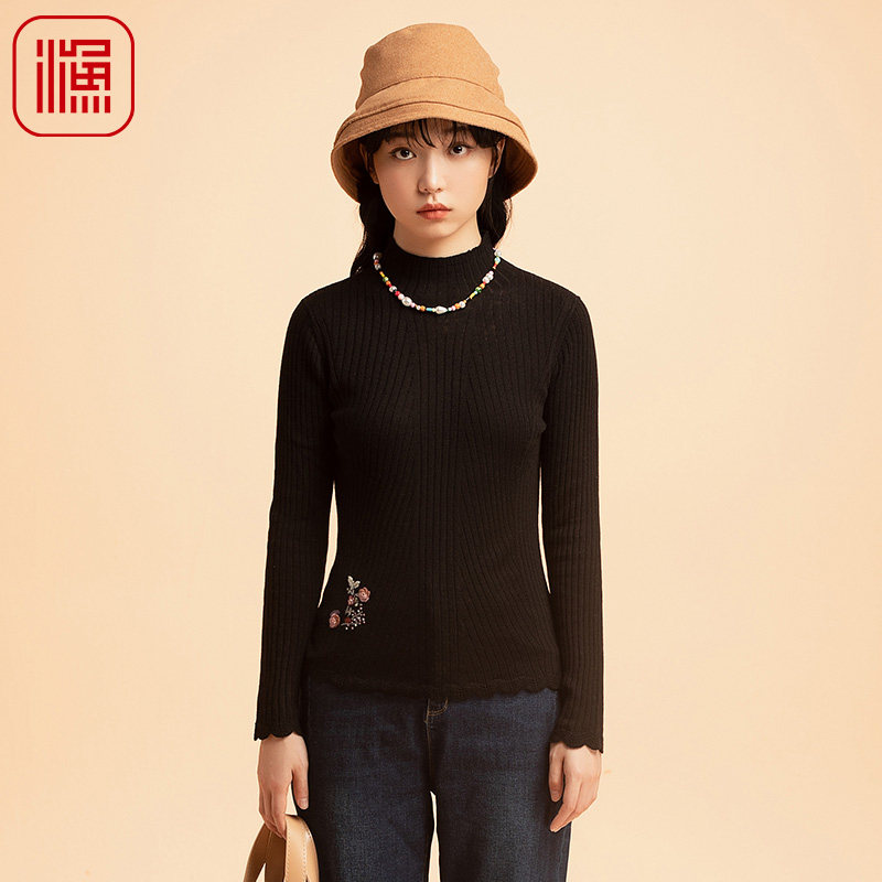 渔牌女装毛衣女新款冬季羊毛波浪边高领紧身针织上衣FGED1008
