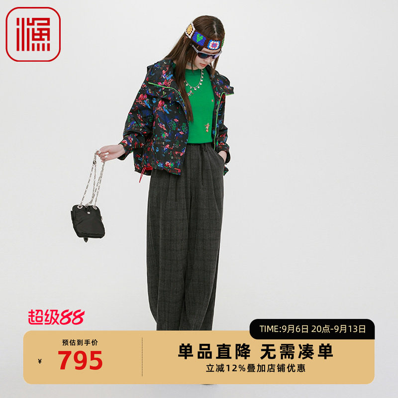 渔女装裤子女2025新款早秋松紧腰直筒休闲阔腿裤时尚百搭格子裤