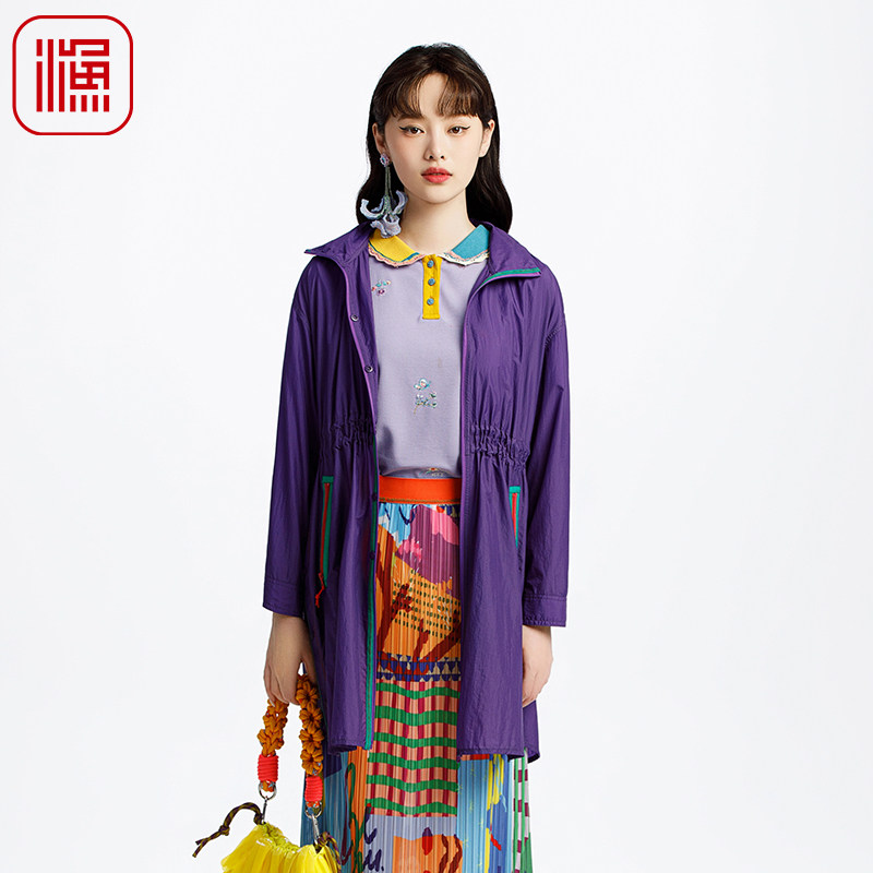 渔牌女装风衣女款2025新款新中式收腰中长款带帽休闲外套FGHA3007