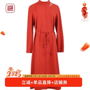 渔牌女装新款秋冬装针织绣花休闲系带收腰套头连衣裙FGEC0017