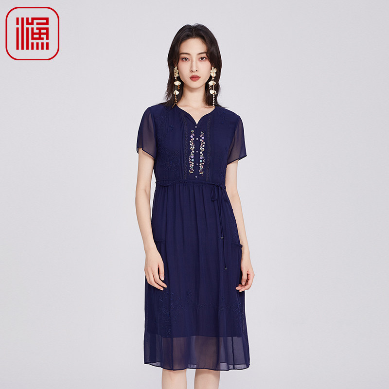 渔牌女装2025初夏穿搭轻薄连衣裙真丝刺绣花桑蚕丝长裙子FGHB0032