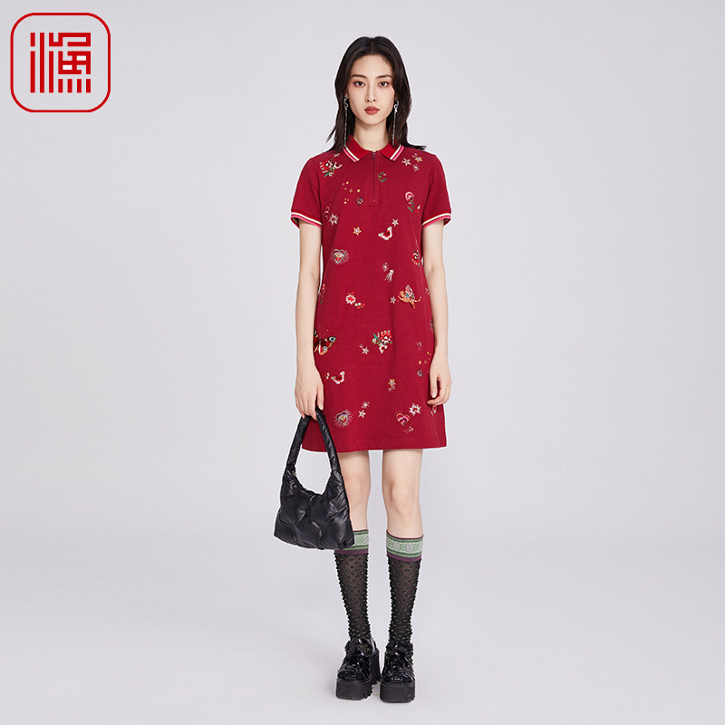 渔牌女装连衣裙女2025新款春夏刺绣花针织Polo领裙子FGHB0115