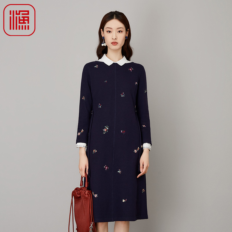 渔牌女装秋装女新款羊毛呢刺绣针织系带收腰连衣裙FGFC0015