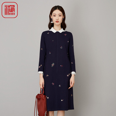渔牌女装秋装女新款羊毛呢刺绣针织系带收腰连衣裙FGFC0015