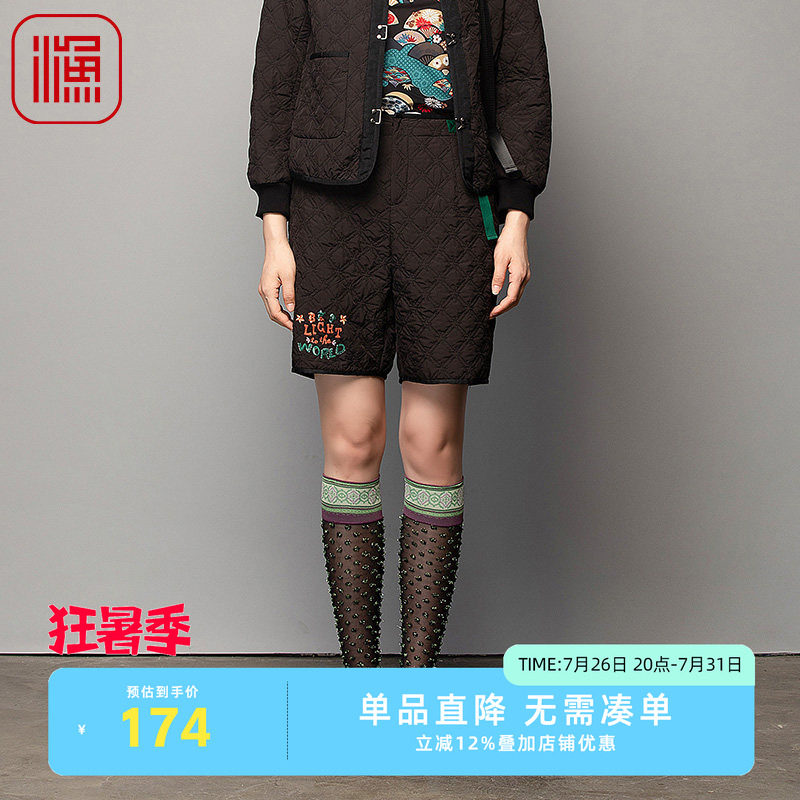 渔牌休闲裤女新款小方菱格绣花休闲雪纺五分短裤子FGFDT007B