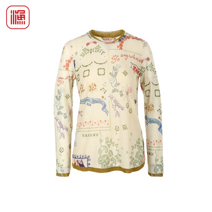 渔牌2026新中式 T恤复古花鸟印花罩衫 打底衫 休闲上衣FGIA2042 长袖