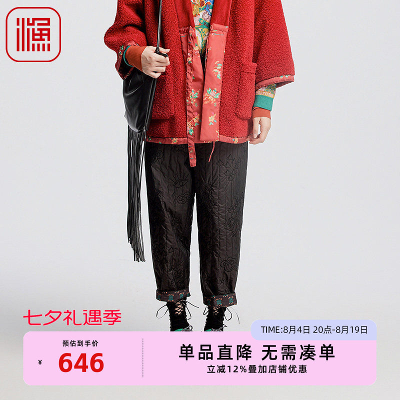 渔牌女装棉裤女款冬季新款新中式绣花松紧腰休闲长裤FGGD8206