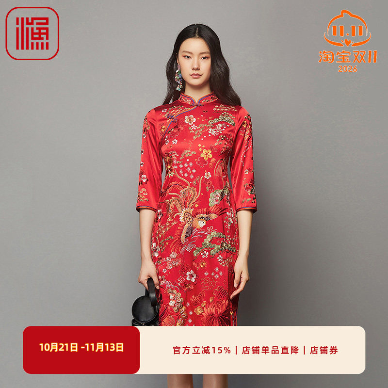 渔女装新款秋季桑蚕丝弹力国潮凤凰绣花收腰旗袍连衣裙FGFC0043