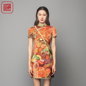 渔牌女装 连衣裙2023新款 女国潮凤凰印花桑蚕丝改良旗袍女FGFC0013