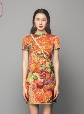 渔牌女装连衣裙2023新款女国潮凤凰印花桑蚕丝改良旗袍女FGFC0013