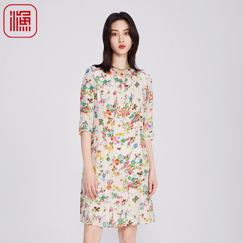 渔牌女装2025春季流行单品印花薄款真丝桑蚕丝碎花连衣裙FGHA0020