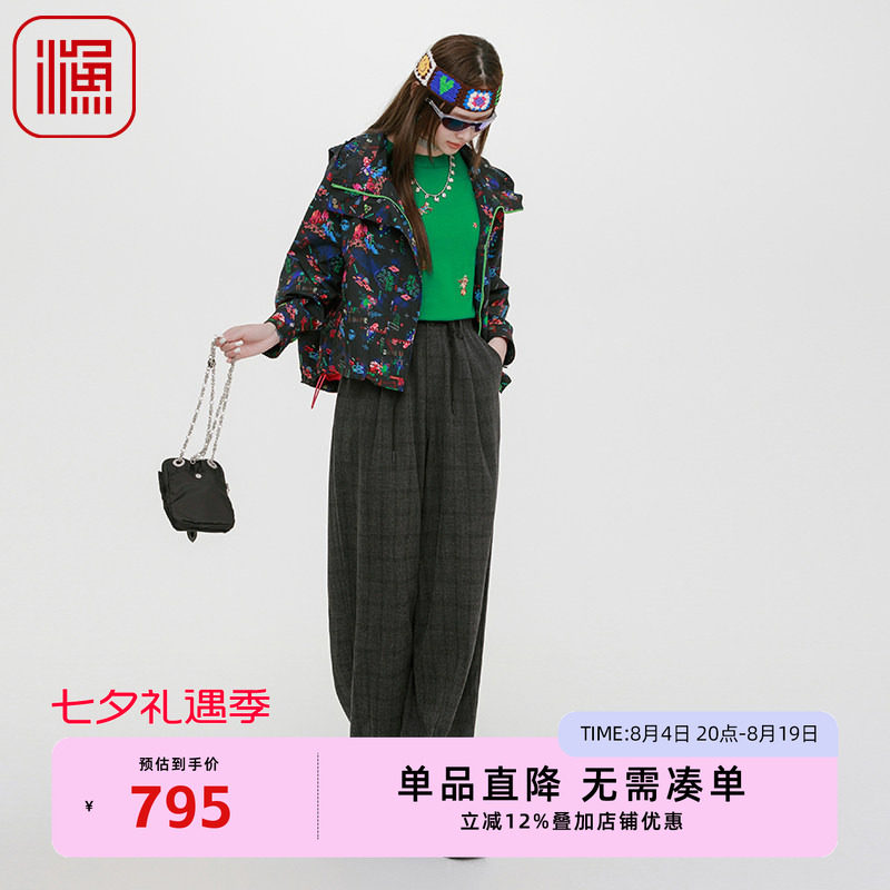 渔女装裤子女2025新款早秋松紧腰直筒休闲阔腿裤时尚百搭格子裤