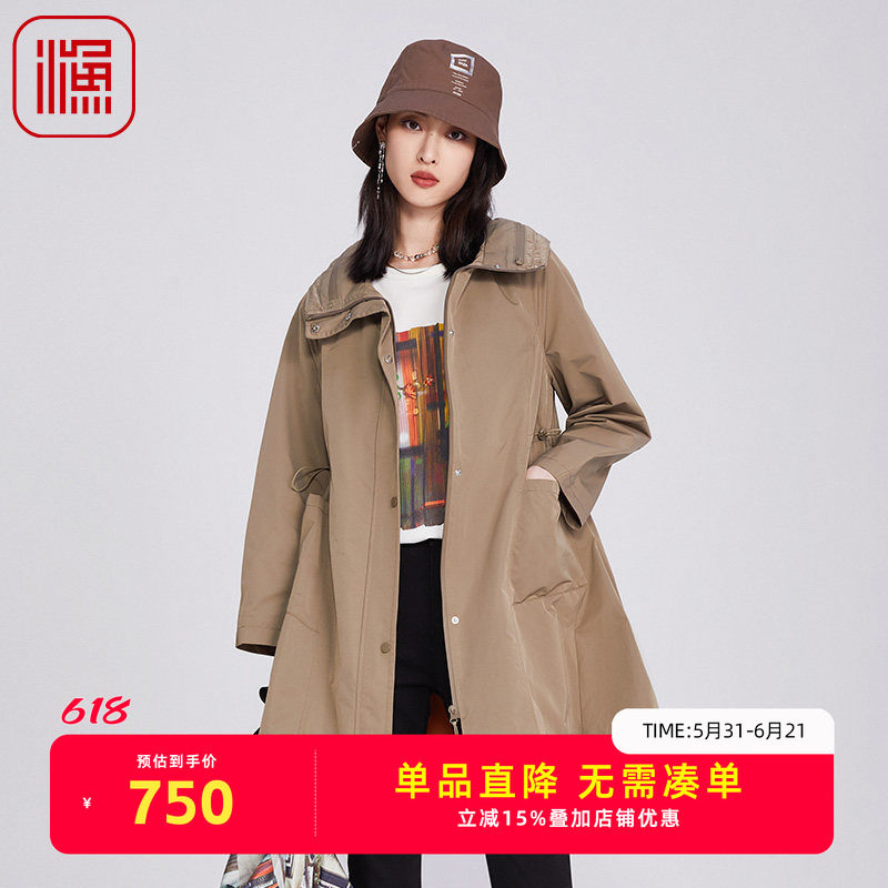 渔牌女装2025年新款高立领长款及膝宽松印花雪纺风衣外套FGHA3042