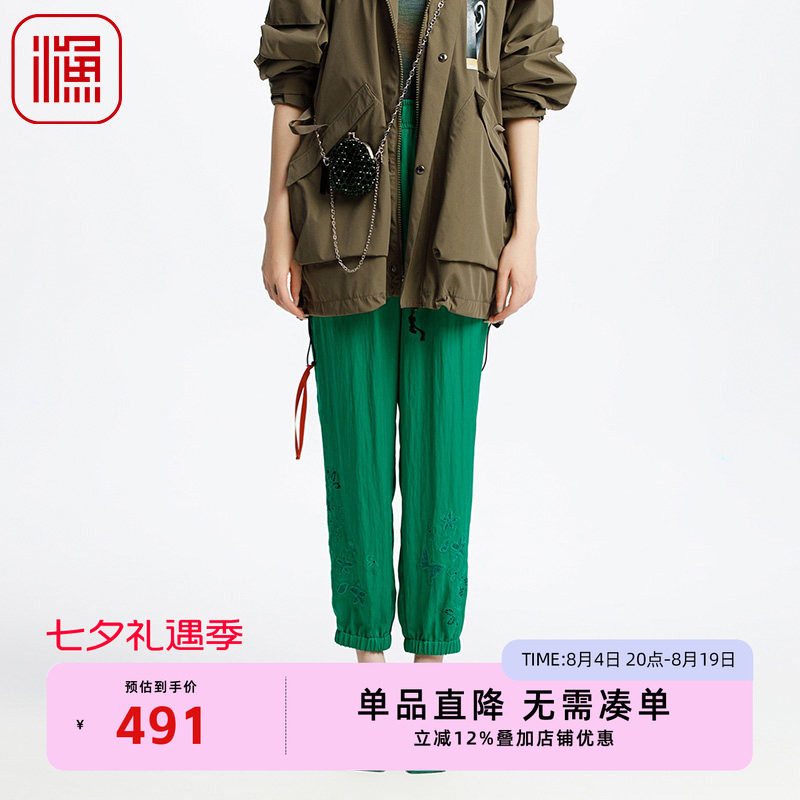 渔女装裤子女2025新款春夏宽松紧腰中式绣花休闲九分长裤FGHA6203
