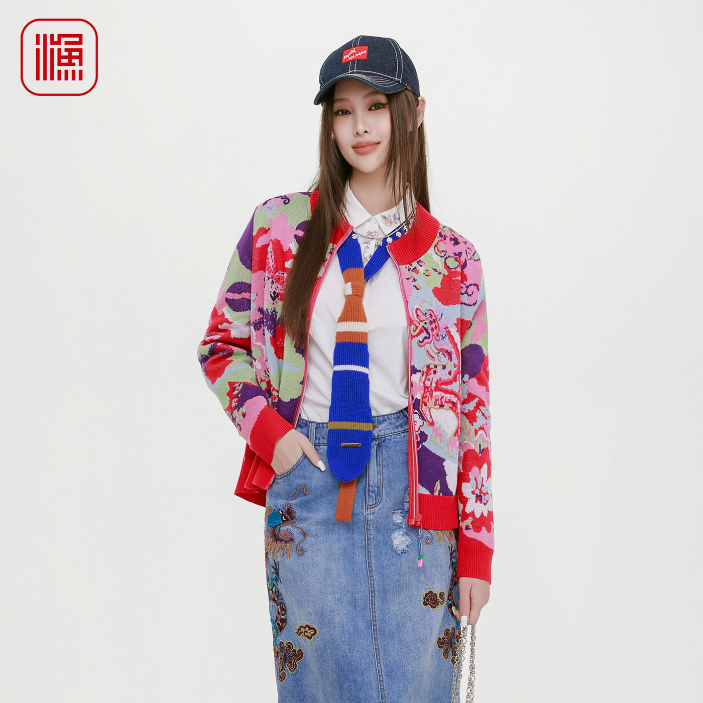 渔牌女装2025秋冬新款针织外套个性国风提花拉链毛衫外套FGHC3617