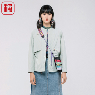 圆领休闲风衣料弹力短款 新款 外套女上衣FGGA3003 春季 渔牌女装