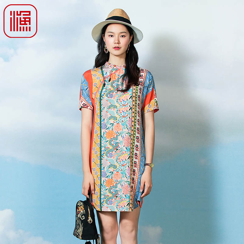 渔牌女装旗袍新款名媛气质国潮真丝拼接短袖连衣裙女FGFB0099