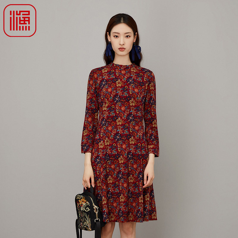 渔牌女装秋装女新款立领印花长款雪纺弹力连衣裙子FGFD0036