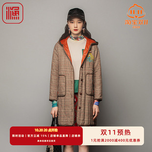 渔服饰棉服女新款冬季小方格子带帽中长款棉衣FGFD4022