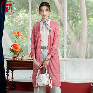 FFNA3601 过膝弹力针织毛衣开衫 渔2021早春新款 女亚麻混纺长款