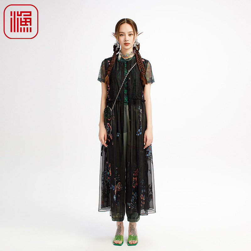 渔牌女装2025初夏穿搭网纱新中式刺绣花雪纺无袖连衣裙子FGHB0013