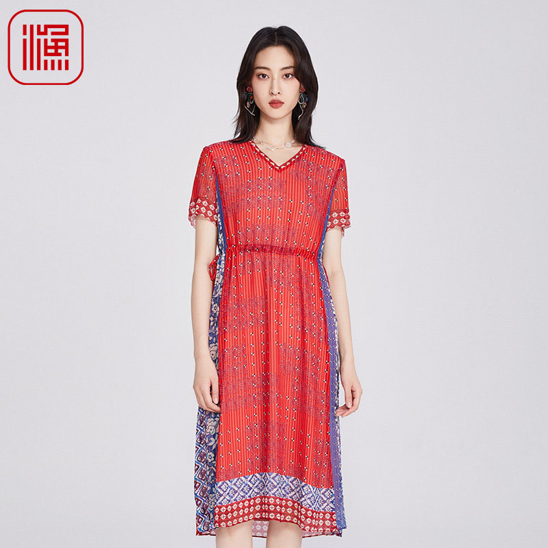 FISHING女装2025夏季穿搭真丝桑蚕丝印花V领长款连衣裙子FGHB0061