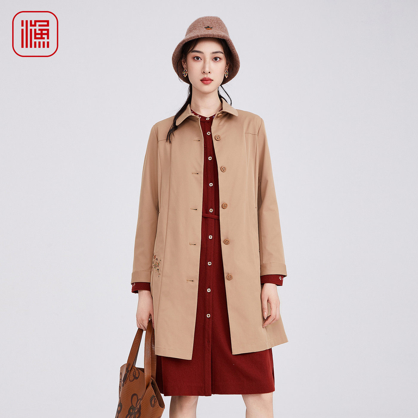 渔牌2025秋装新款绣花翻领系带风衣中长款通勤外套文艺气质女装