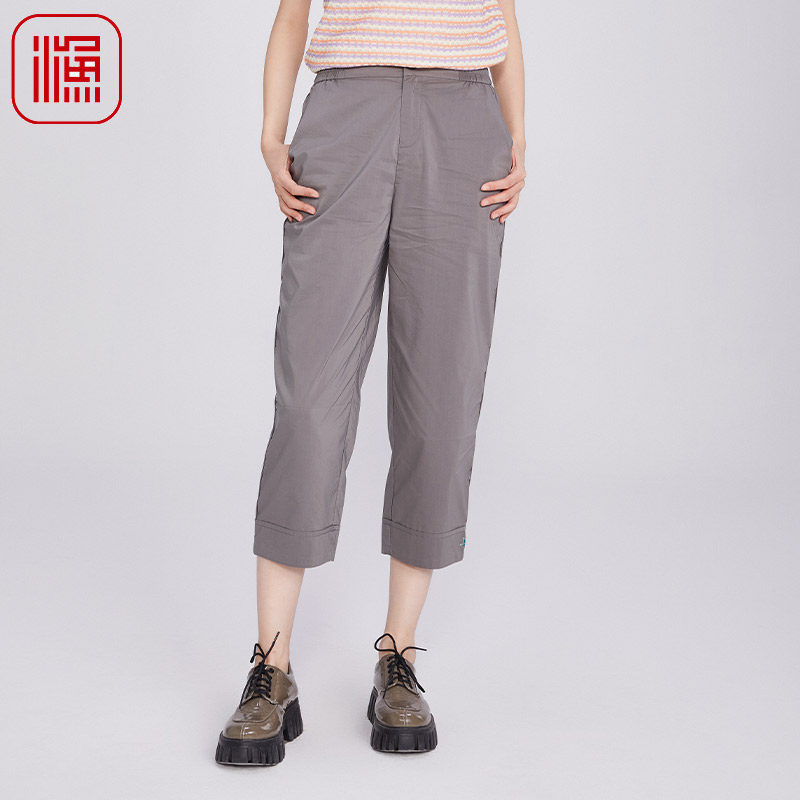 渔牌女装休闲女裤2025夏季新款显瘦刺绣八分裤子松紧腰铅笔直筒裤