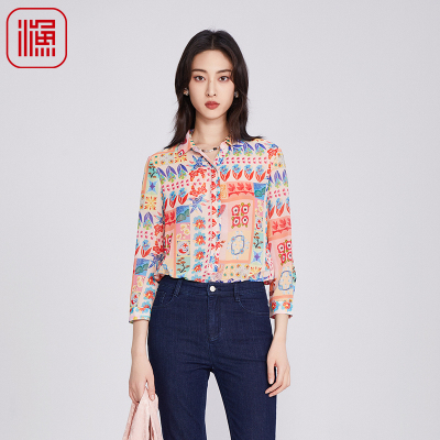 渔牌女装2025年开春新款上衣雪纺印花休闲长袖撞色薄衬衫FGHA2248